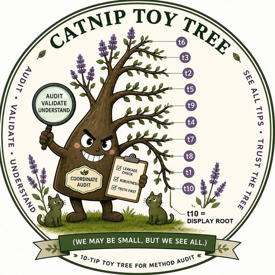 Catnip10 のマスコット:虫めがねと監査用クリップボードを持つトイツリーのイラスト。t1 から t10 までの分類群が並び、t10 には DISPLAY ROOT と注記されている。プロジェクトのマスコットであり、権威あるベンチマークトポロジーではない。